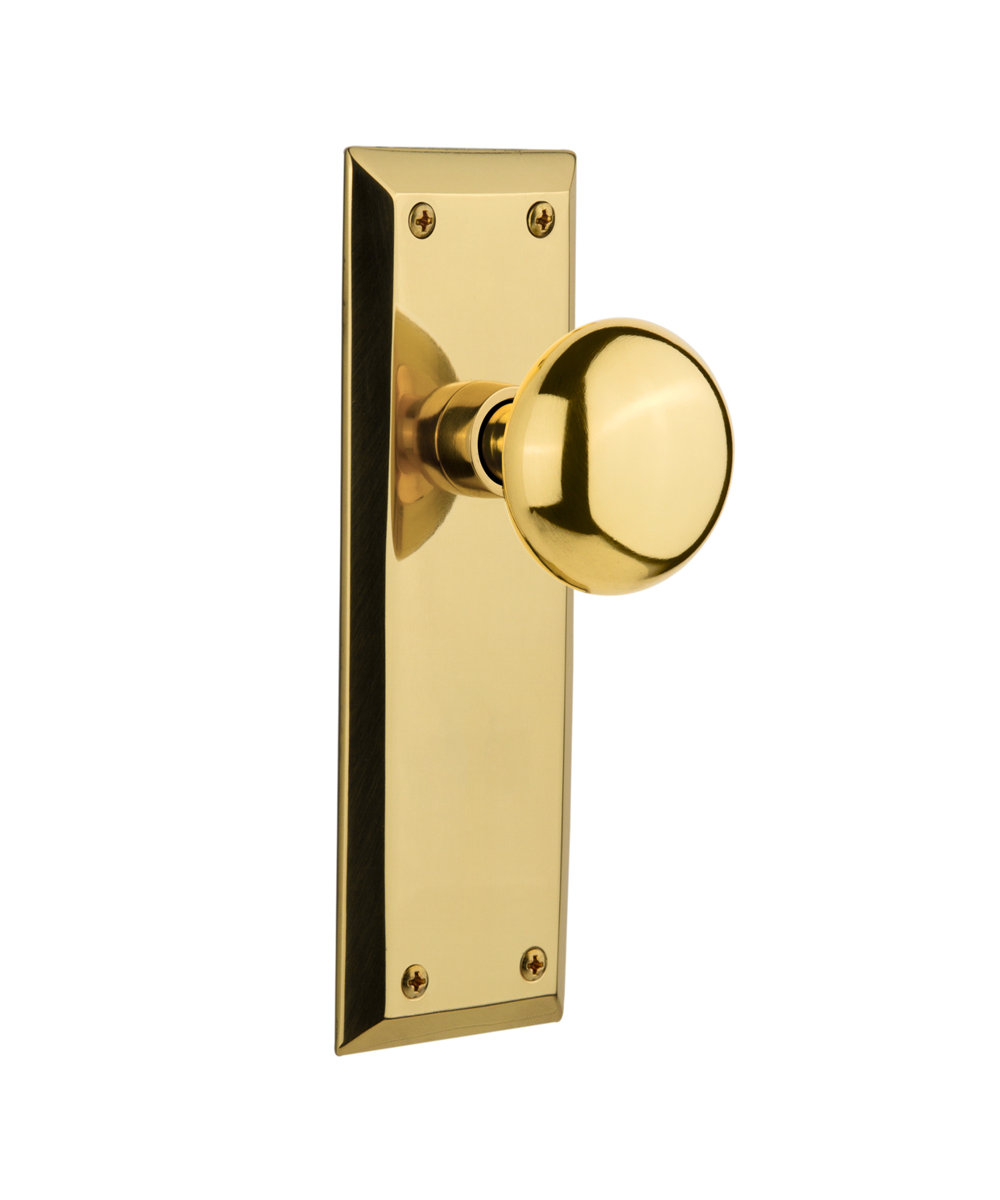 Unlacquered brass New York style door knob and plate hardware set